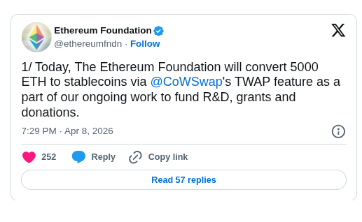 Ethereum Foundation 5000 ETH Sale via CoWSwap TWAP – BitRss